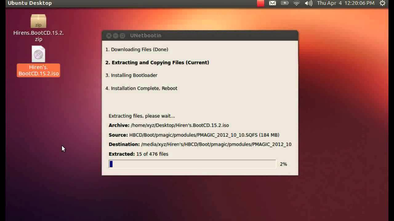 How to create and run the Hiren's BootCD 15.2 on a USB thumb  drive in Ubuntu 12.10 Linux