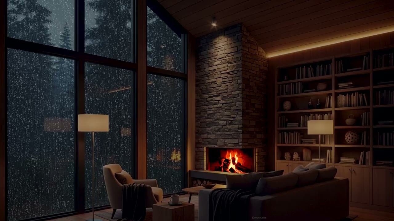 Gentle Rain on Window with Warm Ember Fireplace for Restful Sleep and Tinnitus Masking