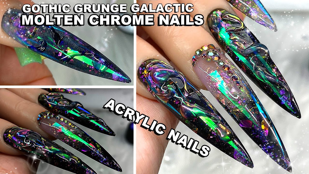 GOTHIC GRUNGE Cosmic Molten Crome Acrylic Nails | LONG Stiletto Nail | DARK Iridescent AURORA #nails