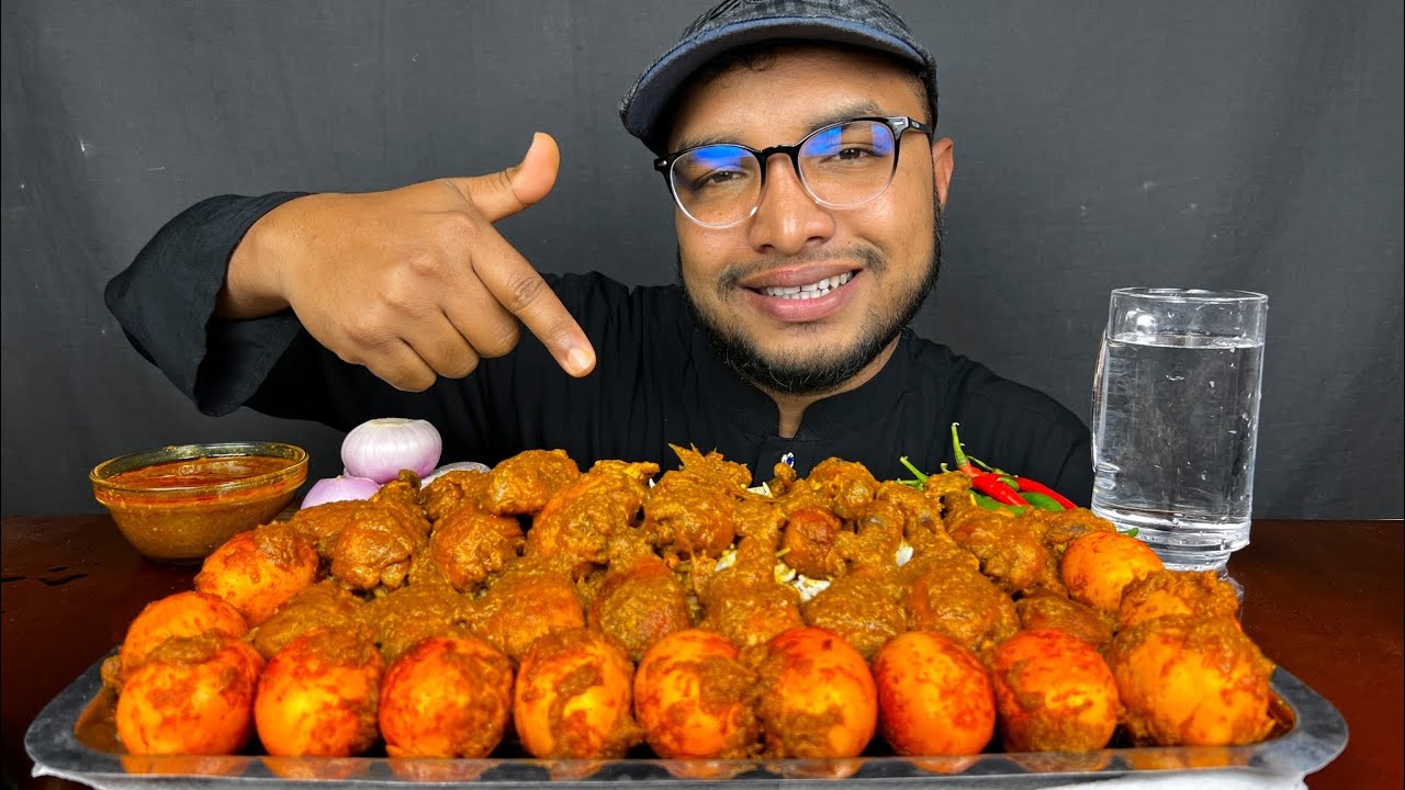 ASMR EATING SPICY CHICKEN LEG CURRY AND EGG CURRY WITH RICE , FOOD VIDEOS , MUKBANG EATING SHOW