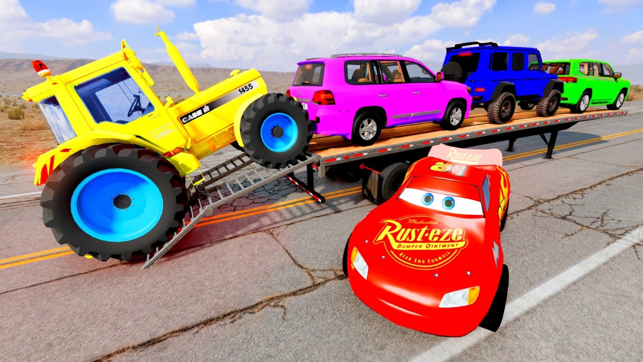 ZTRANSPORTING PIXAR CARS & FRUITS WITH COLORED & JOHN DEERE vs CLAAS vs TRACTORS - BeamNG.drive