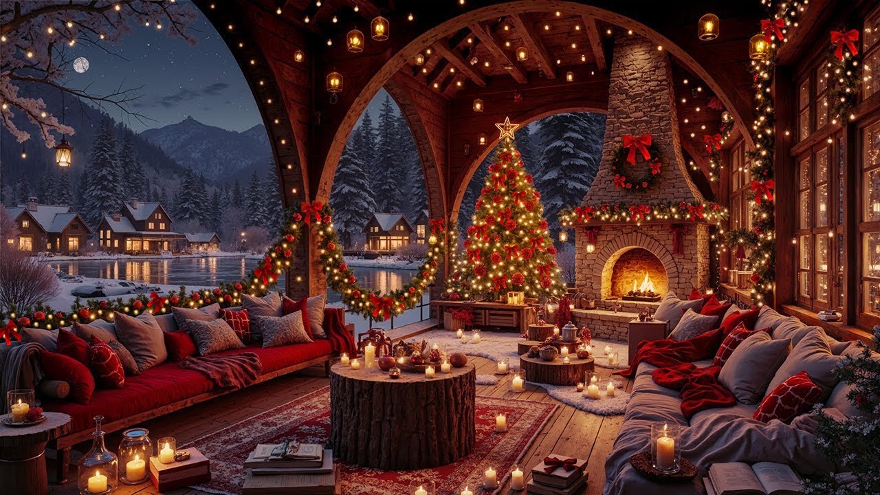 Festive Cabin Winter Ambience & Christmas Jazz 🔥Fireplace Crackle & Soft Snowfall for Peaceful Night