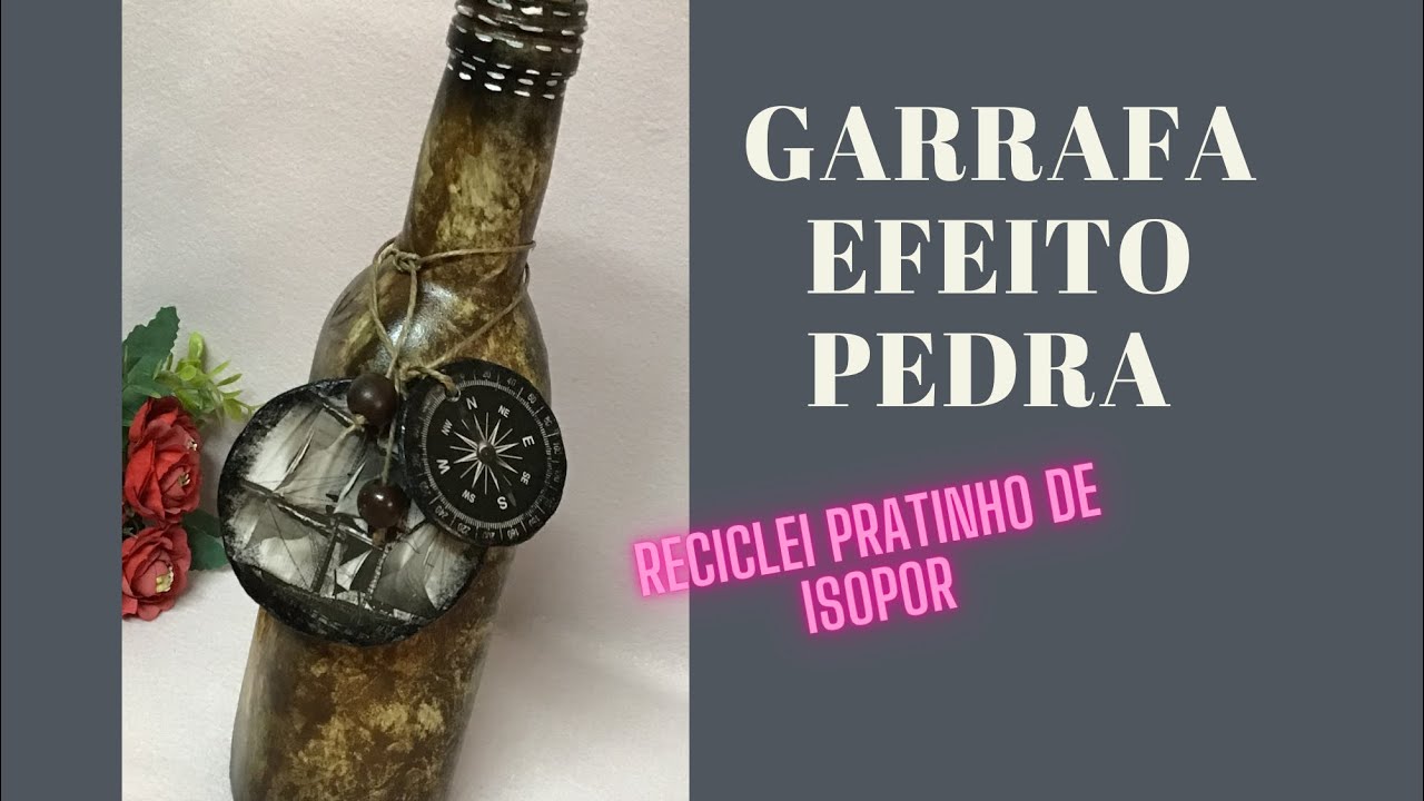 Garrafa Efeito Pedra/ Decoupage usando Pratinho de isopor- Amei o resultado