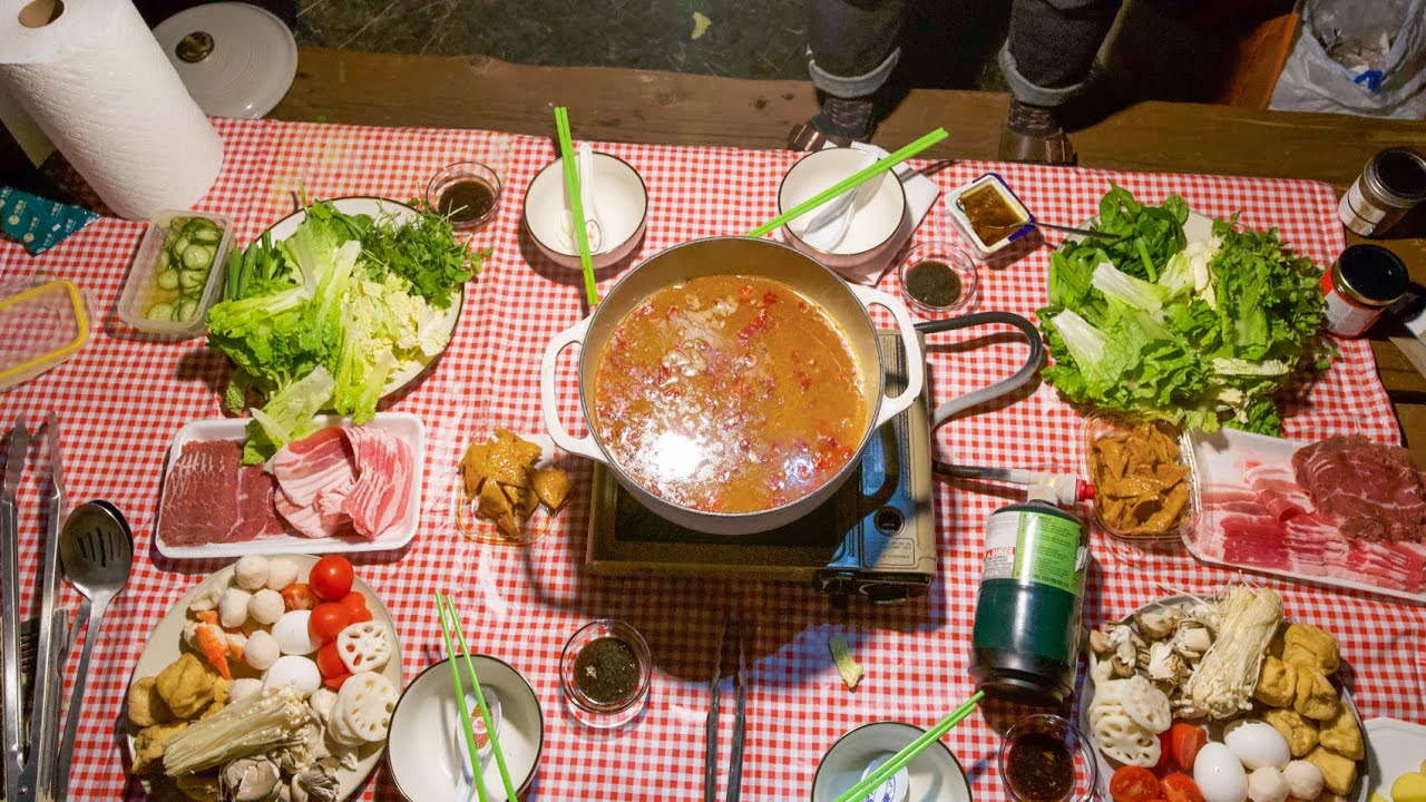 Gourmet Hot Pot Meal Cooked Outside (Camping with Family)