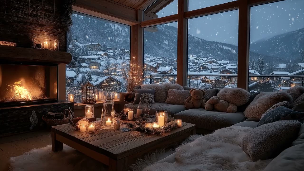 Serene Winter Night with Crackling Fireplace and Piano Ambience for Deep Sleep and Focus Relaxation