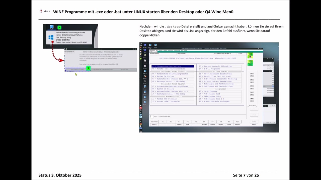 Mit wine für Linux die exe und bat Dateien vom Desktop und vom Q4 Wine Menü starten
