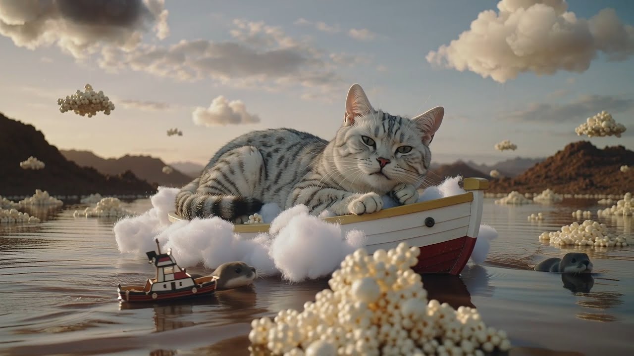 Cat Enters the Popcorn Dream Realm#fantasy #aivideo #crystal #adventure #visuals #magicworld #cuteca