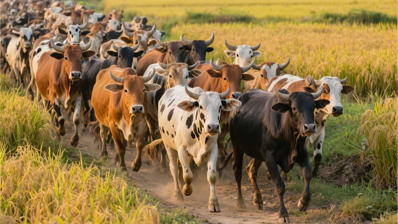 Cows leisurely stroll through the golden ripe rice fields - Sounds of cows mooing - Videos of cows