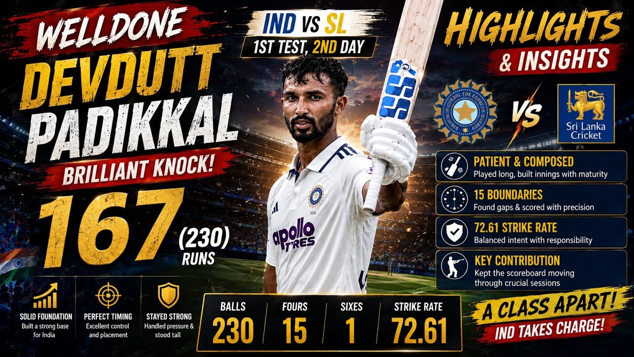 Devdutt Padikkal&rsquo;s Brilliant Knock 🔥 | 167 Runs in IND vs SL 1st Test | Day 2 Highlights