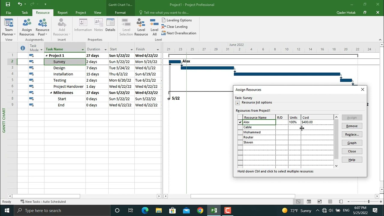 How to Assign Different Types of Resources to the Activities in Ms. Project?