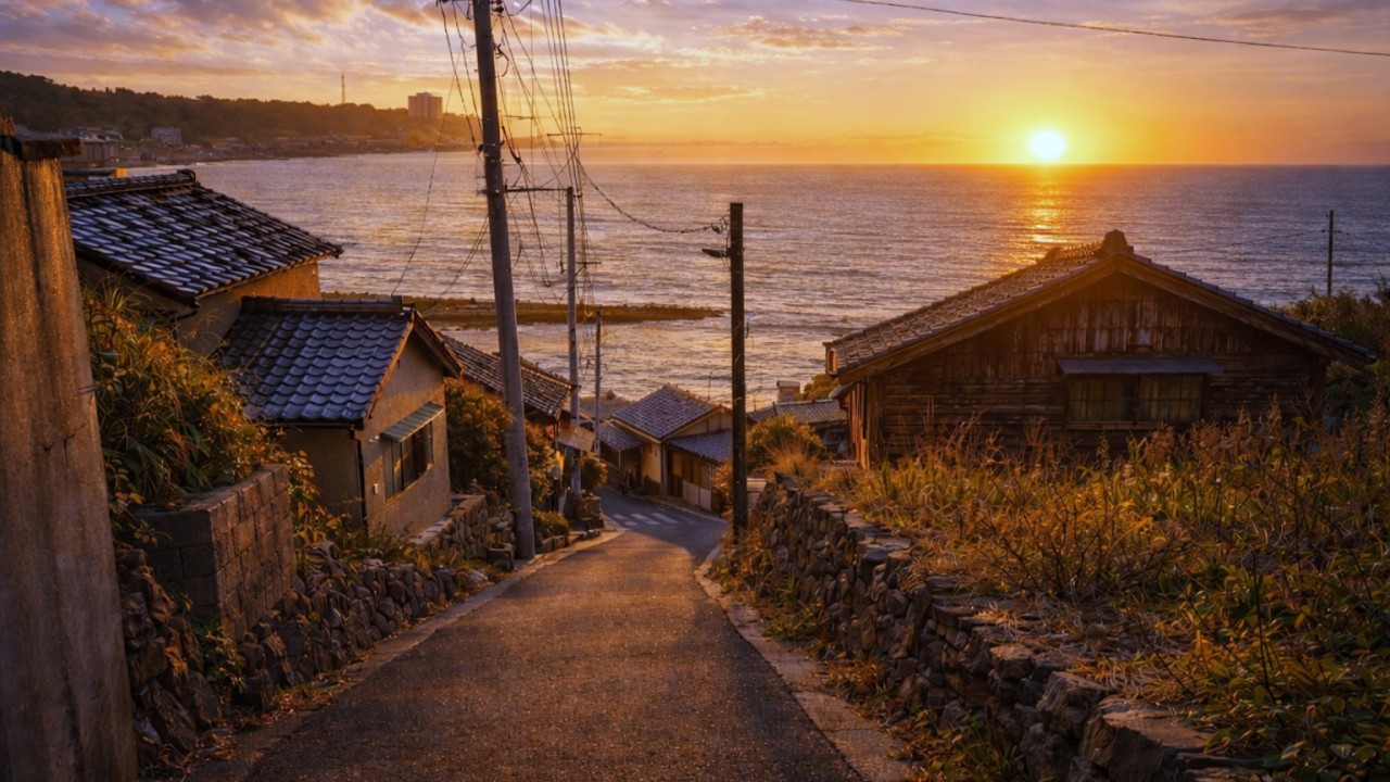 誰もいない朝焼けの港町を歩く。潮風と夜明けのノスタルジー4K（Morning Glow in a Fishing Port）