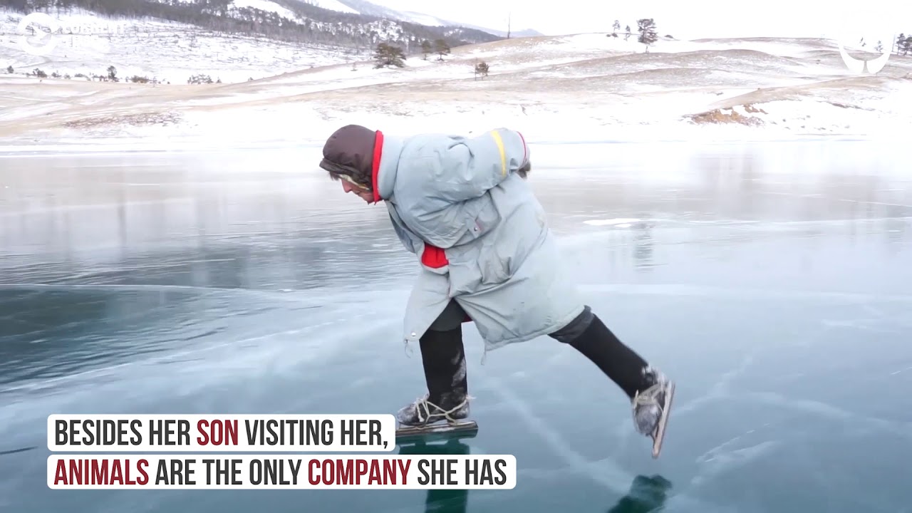Single old woman grandmother skating siberia baikal...