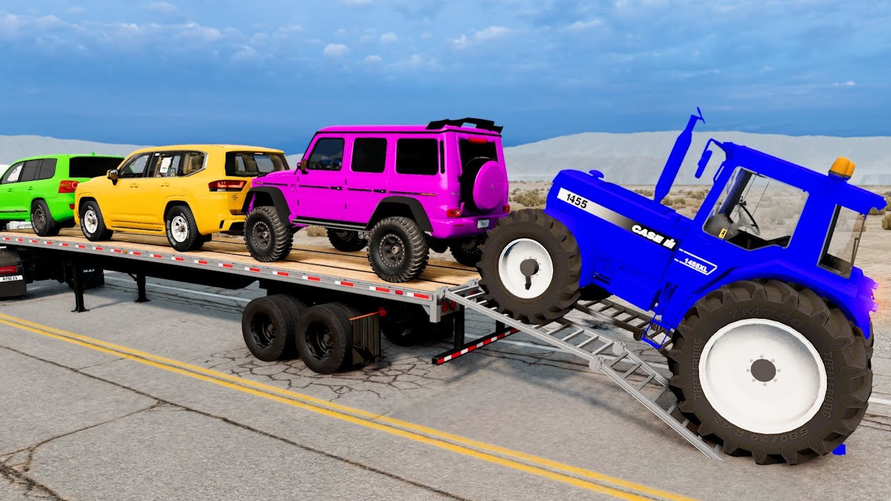 Flatbed Trailer McQueen Transportation with Truck - Speedbumps vs Cars vs Train - BeamNG.Drive #12