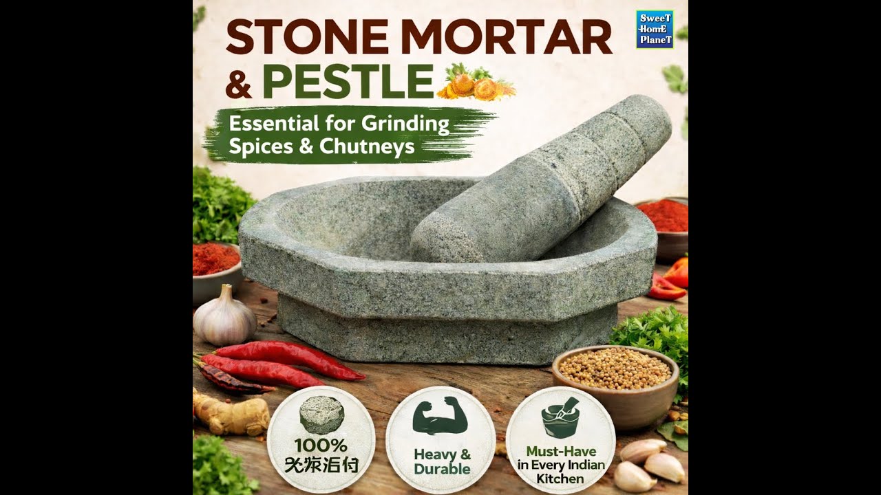 Large Kalvam Stone Mortar and Pestle Set Traditional Grinding Stone for Kitchen