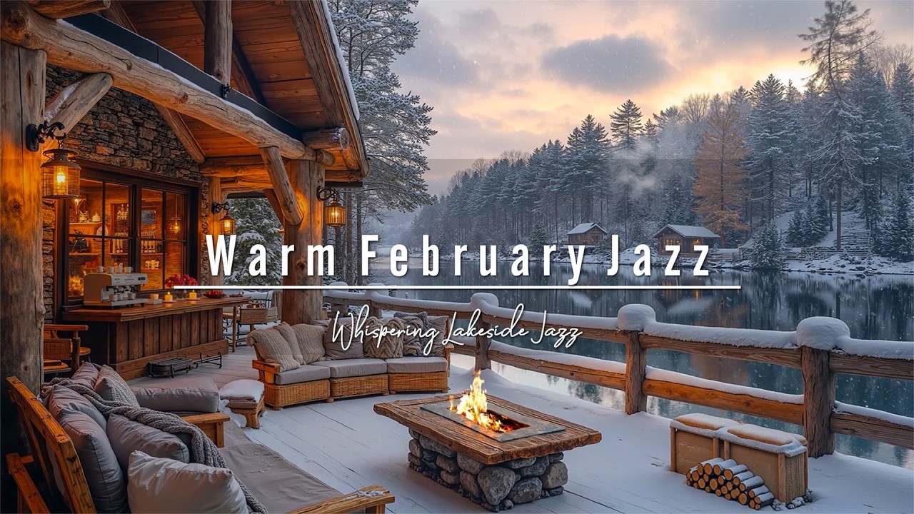 Warm February Jazz ❄️ Winter Cabin Café Porch by the Lake | Fireplace Jazz to Stress Relief & Relax☕