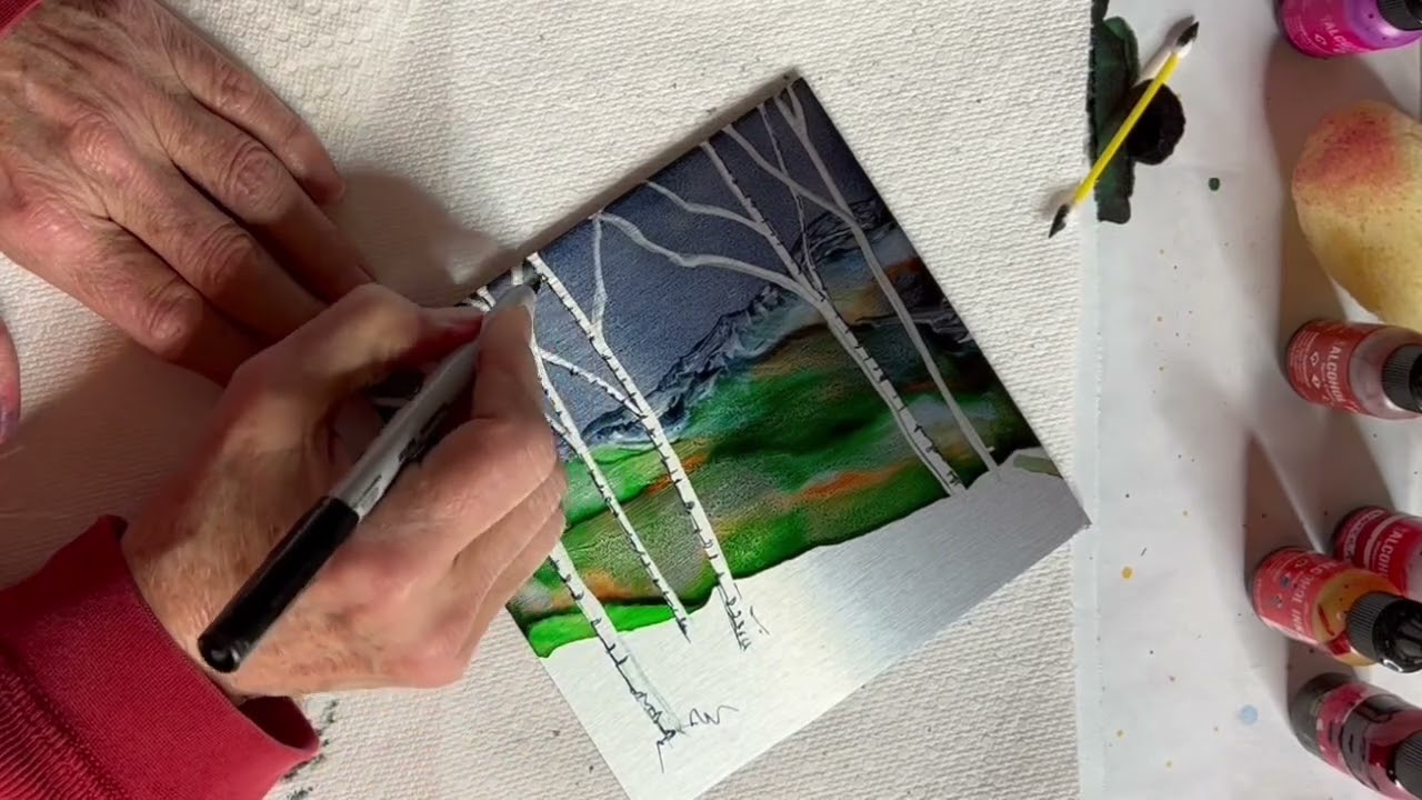 Alcohol Ink Birch Trees on Aluminum Panel