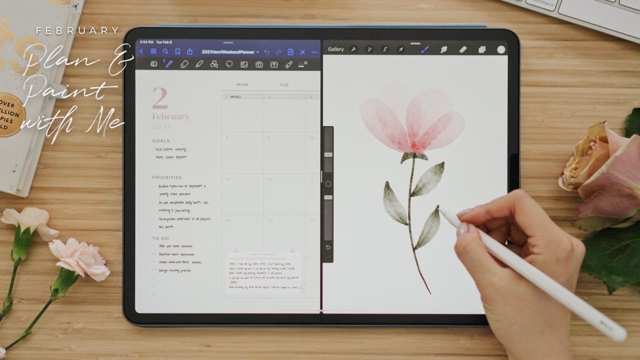 Plan & Paint with Me February 🌸 Digital Planner Watercolor Floral Stickers | Procreate
