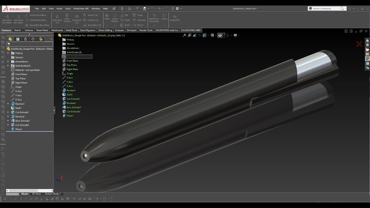 Solidworks simple design Tutorial - Design using SolidWorks, #1 Concept Modelling ballpoint pen