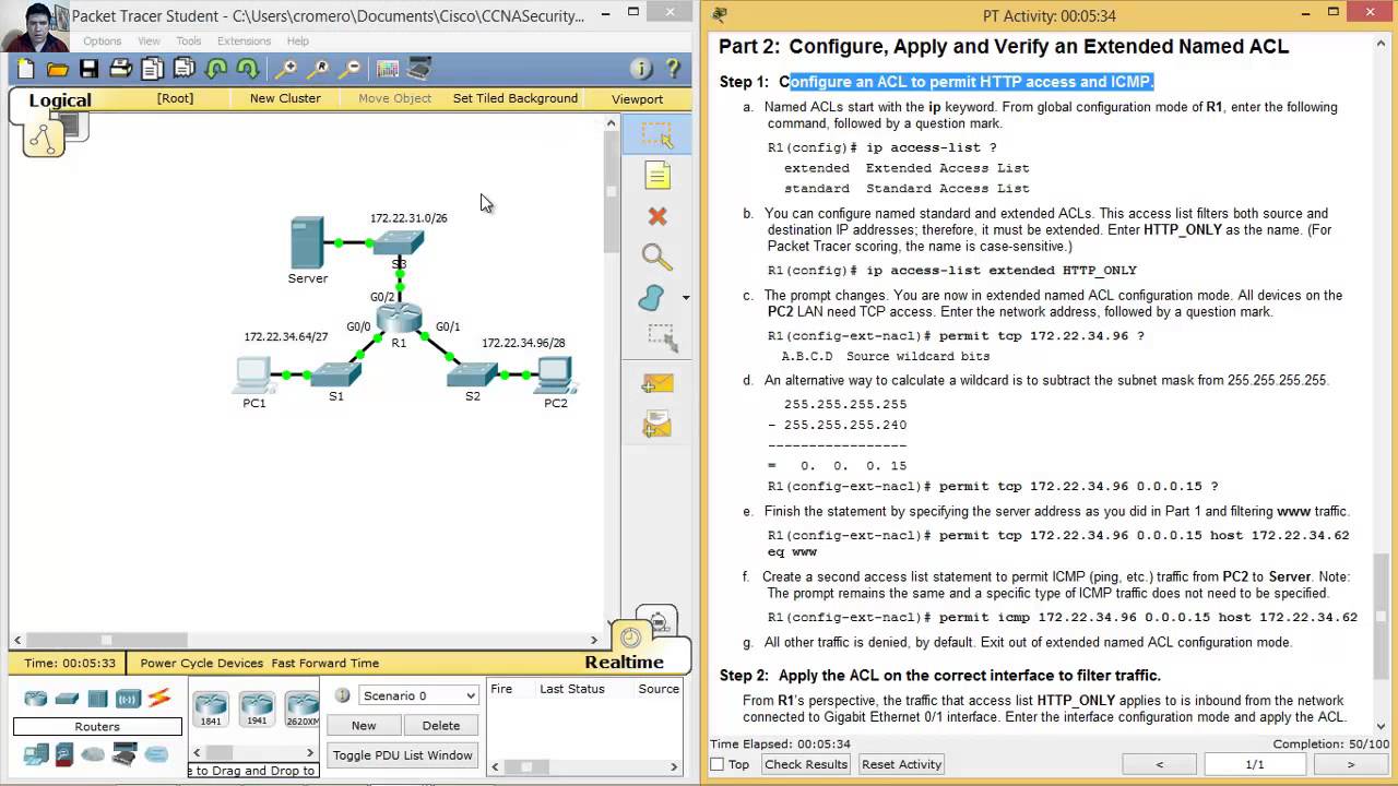 4.1.1.10 Packet Tracer - Configuring Extended ACLs Scenario 1