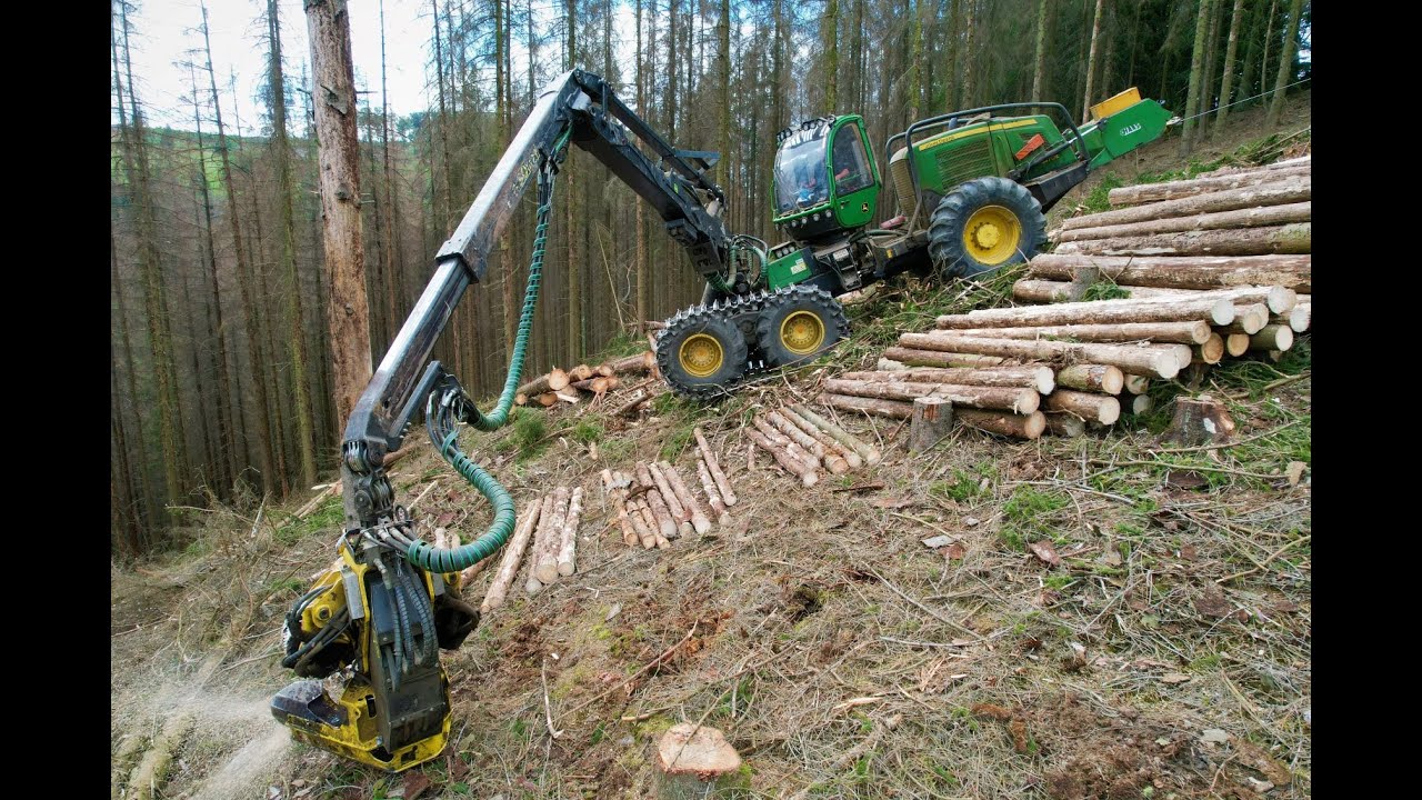 🌲4K| John Deere 1470E & Haas Winch • Harvester & Winch Action • Forstbetrieb LFT • Slope • Drone🌲