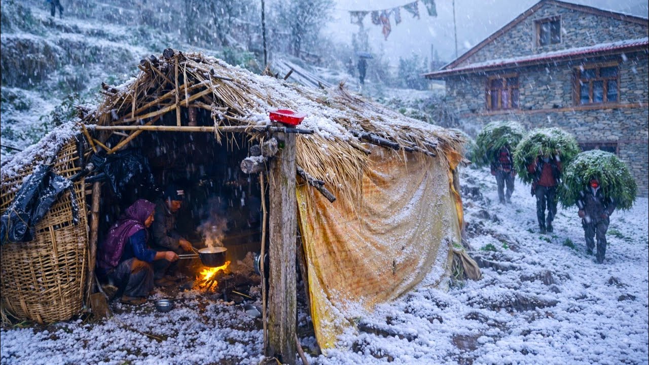 Beautiful & Relaxing Nepali Mountain Village Life in Hailstorm | Winter Life in Rural Nepal