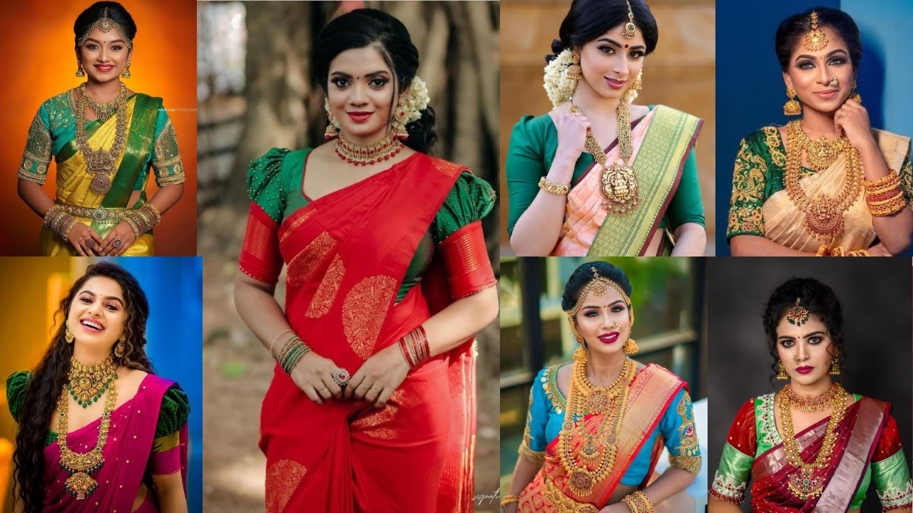 Latest silk sarees with contrast blouse ideas, silk sarees with jewellery collections