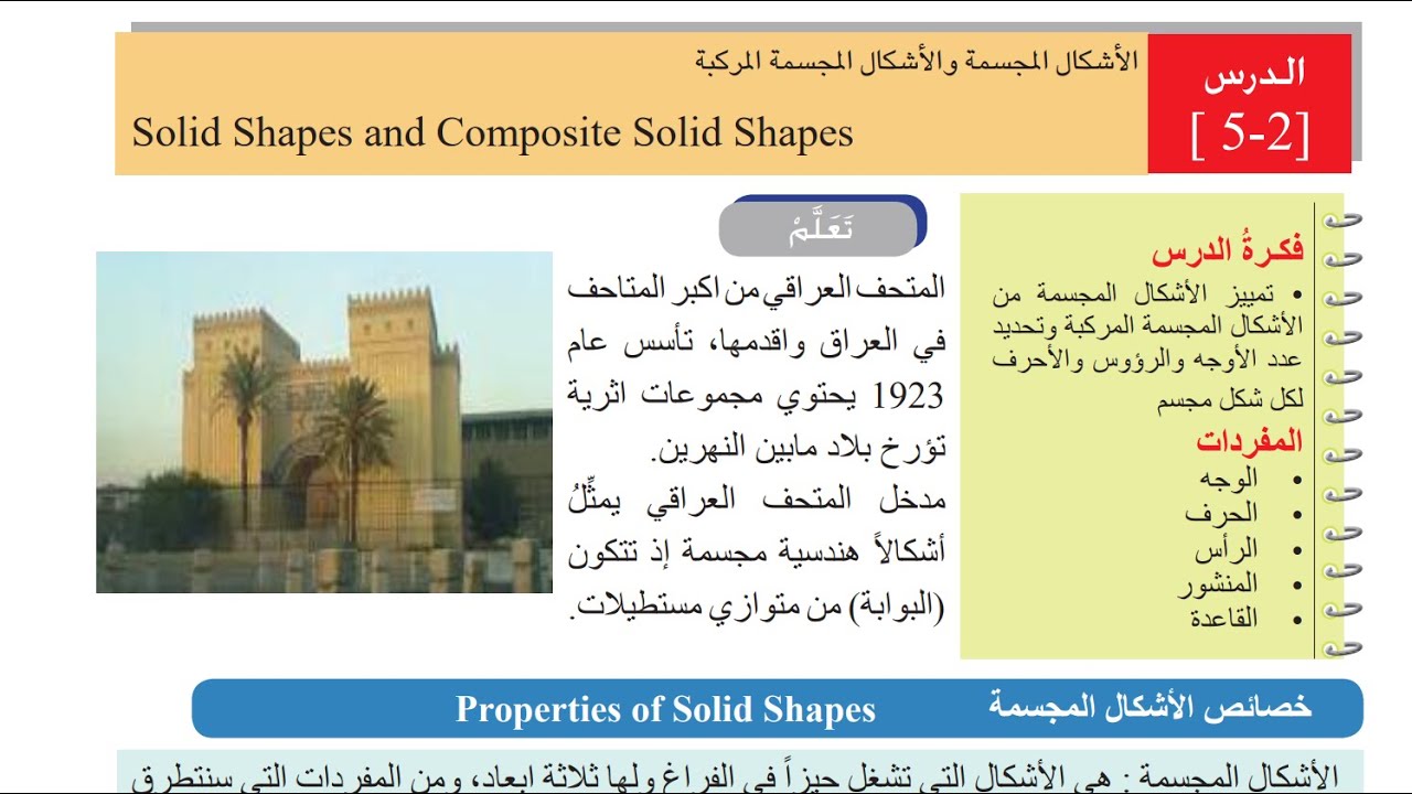 الاشكال المجسمة والاشكال المجسمة المركبة لرياضيات صف الأول متوسط