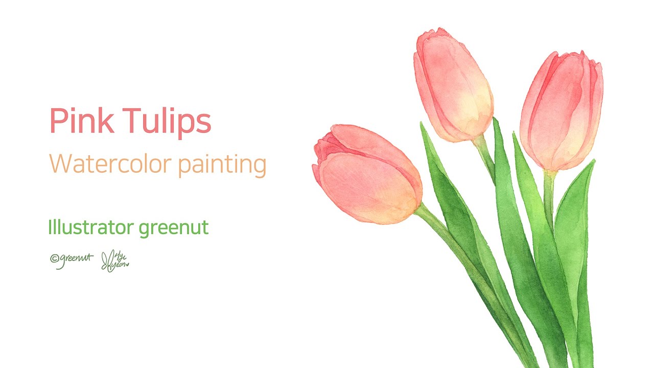 [Watercolor painting]핑크 튤립/수채화 꽃 일러스트 작업 영상(Pink tulips watercolor painting&sketch)/Work in progress