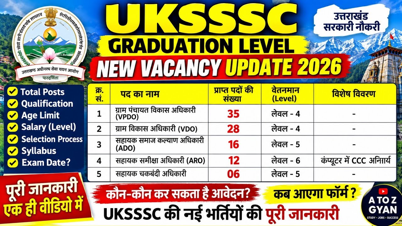 UKSSSC Graduation Level नई भर्ती 2026 | VPDO, VDO, ADO, ARO सहित कई पद | पूरी जानकारी