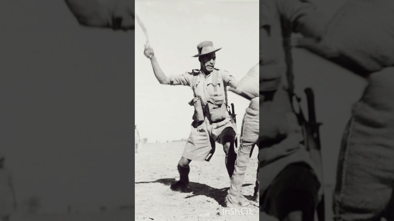 A Gurkha soldier demonstrates how to use the kukri fighting knife, 1944