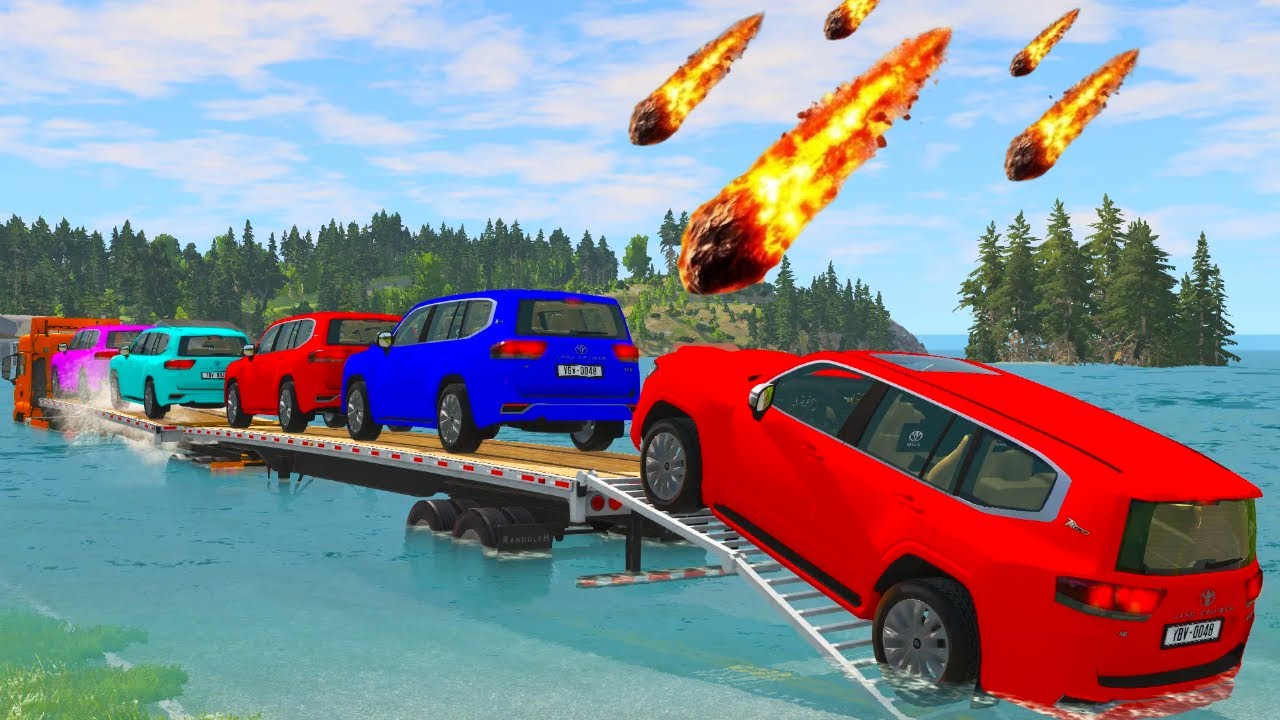 Triple Flatbed Trailer McQueen Transportation with Truck - Speedbumps vs Cars vs Train - BeamNG #8