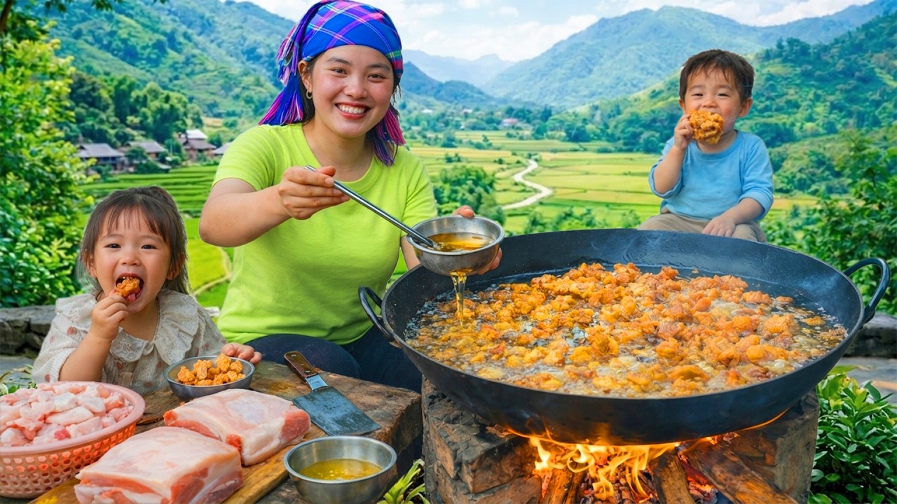 Making Cooking Oil And Crispy Snacks From Pork Fat - Selling Them At The Market With My Children