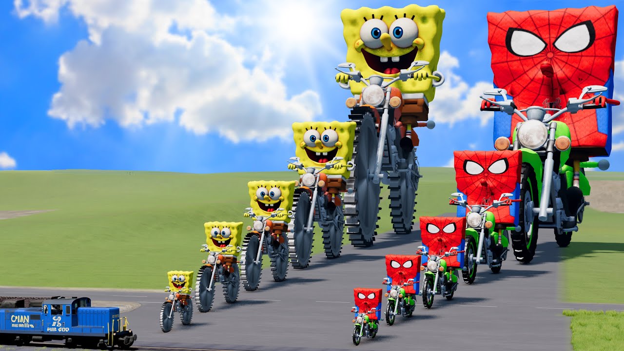 Big & Small SpongeBob as Spiderman on a motorcycle vs Big & Small Spongebob on a motorcycle vs Train