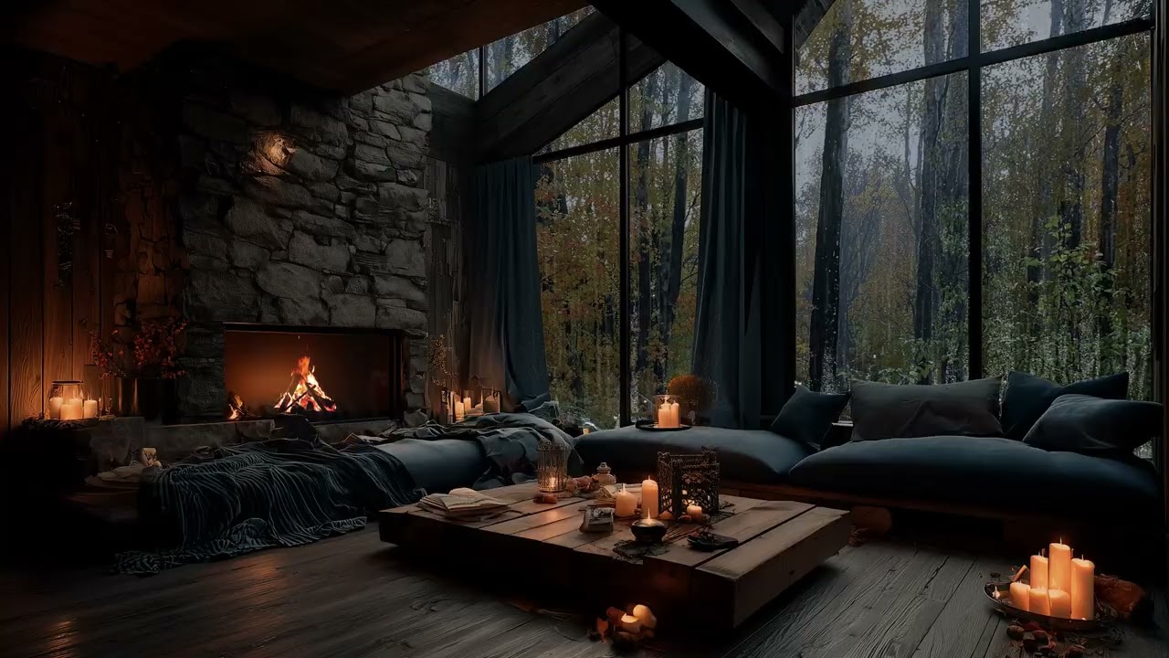 Heavy Rain & Thunder Fireplace Ambience – Natural Sounds for Deep Sleep, Insomnia Relief