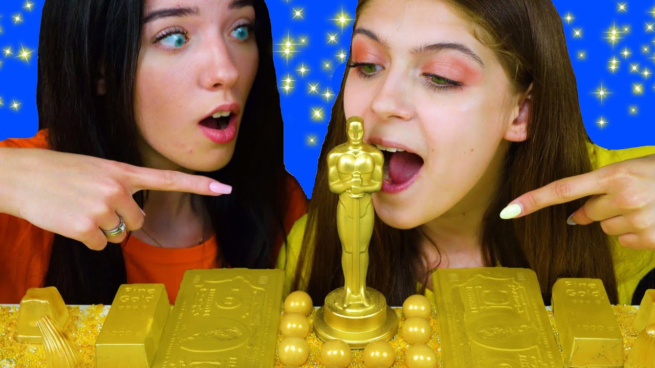 ASMR GOLDEN FOOD *GUMBALLS, JELLY CUPS, CHOCOLATE OSCAR, CHOCOLATE MONEY 먹방 EATING SOUNDS