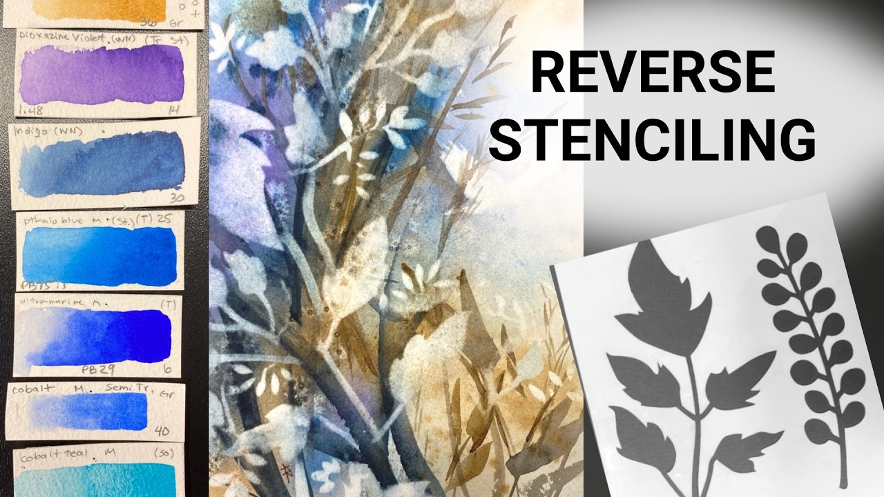 WATERCOLOR Floral & Reverse Stenciling - relaxing real time painting process - 352