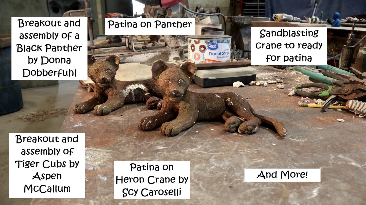 March 6, 2026 - Assembly of Black Panther and two Tiger Cubs, patina on Heron Crane by Scy Caroselli