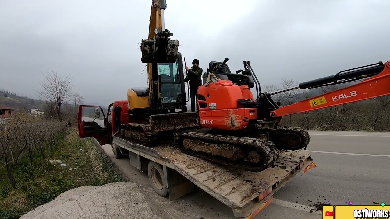 YENI SANY MİNİ ESKAVATÖR VE KUBATOU17 KAMYONETE YÜKLÜYORUZ / ISUZU NPR İLE KEPÇE TAŞIMA YOL VİDEOSU