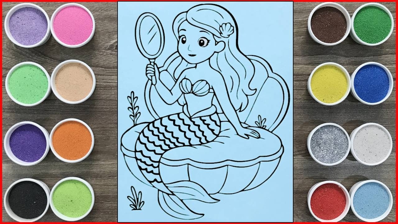 Tô màu tranh cát nàng tiên cá xinh đẹp soi gương - Beautiful mermaid sand painting (ChimXinhchannel)