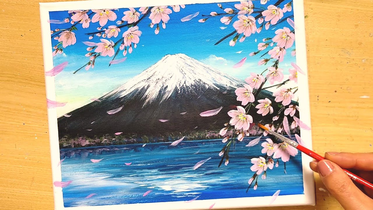 アクリル絵の具で【桜と富士山】の描き方/初心者のための簡単なアクリル画/Step by step