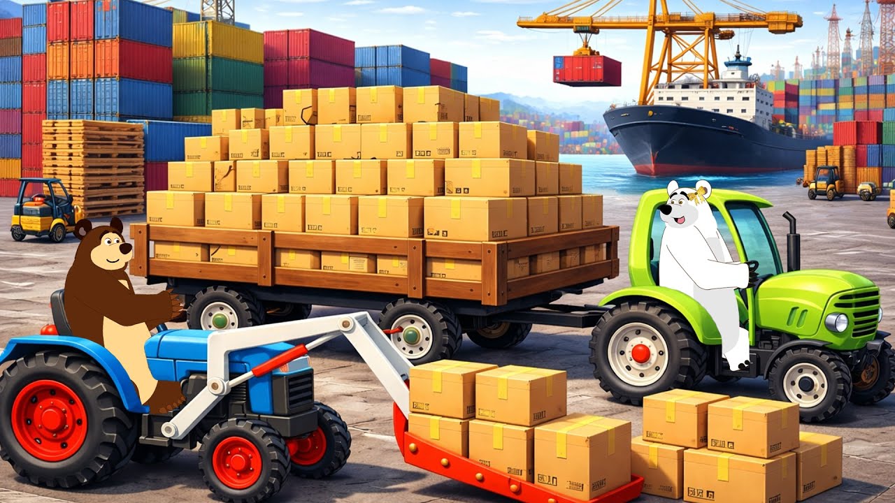 Bear & Tractor Teamwork: Cargo Loading at the Port 🚜📦 | Tractor and Forklift Action | Turbo Fixers
