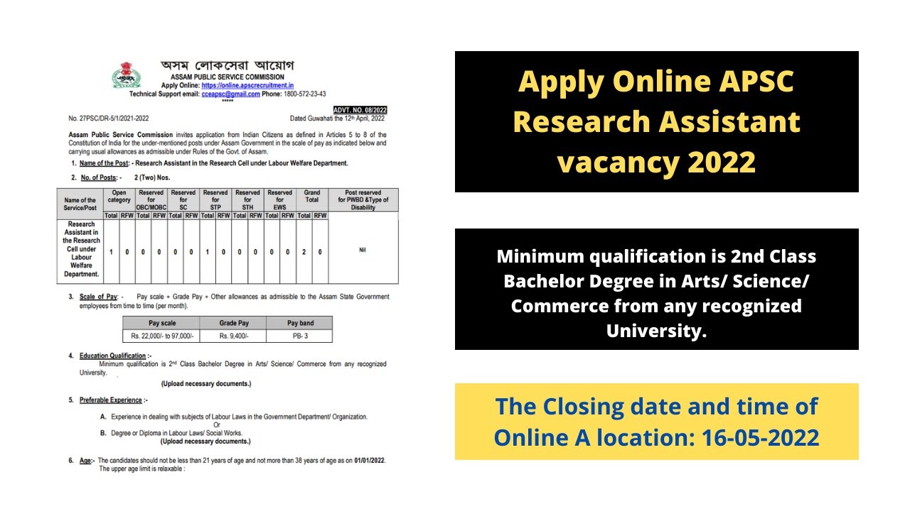 Apply Online APSC Research Assistant vacancy 2022 - APSC Recruitment 2022