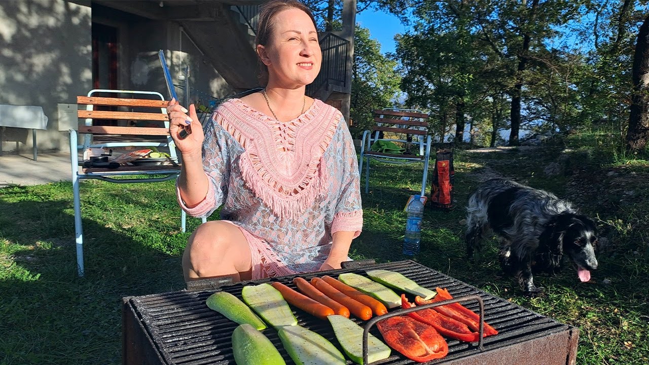 BBQ for breakfast. grilled vegetables and sausages. in a mountain village. Mila naturist. Kitchen.