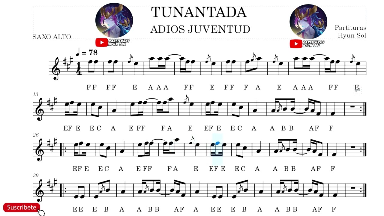 Adiós Juventud Partitura con Notas para Saxo Alto
