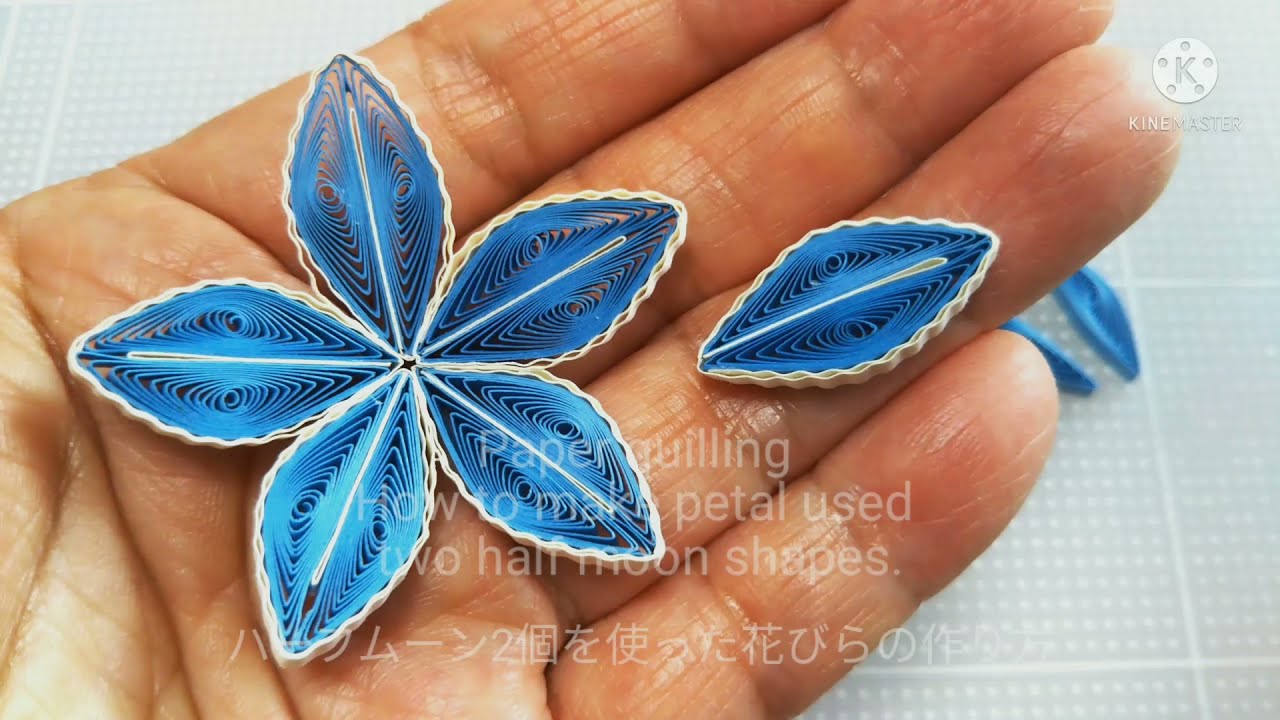 Paper quilling: How to make petal used two half moon shapes. ペーパークイリング：ハーフムーン2個を使った花びらの作り方