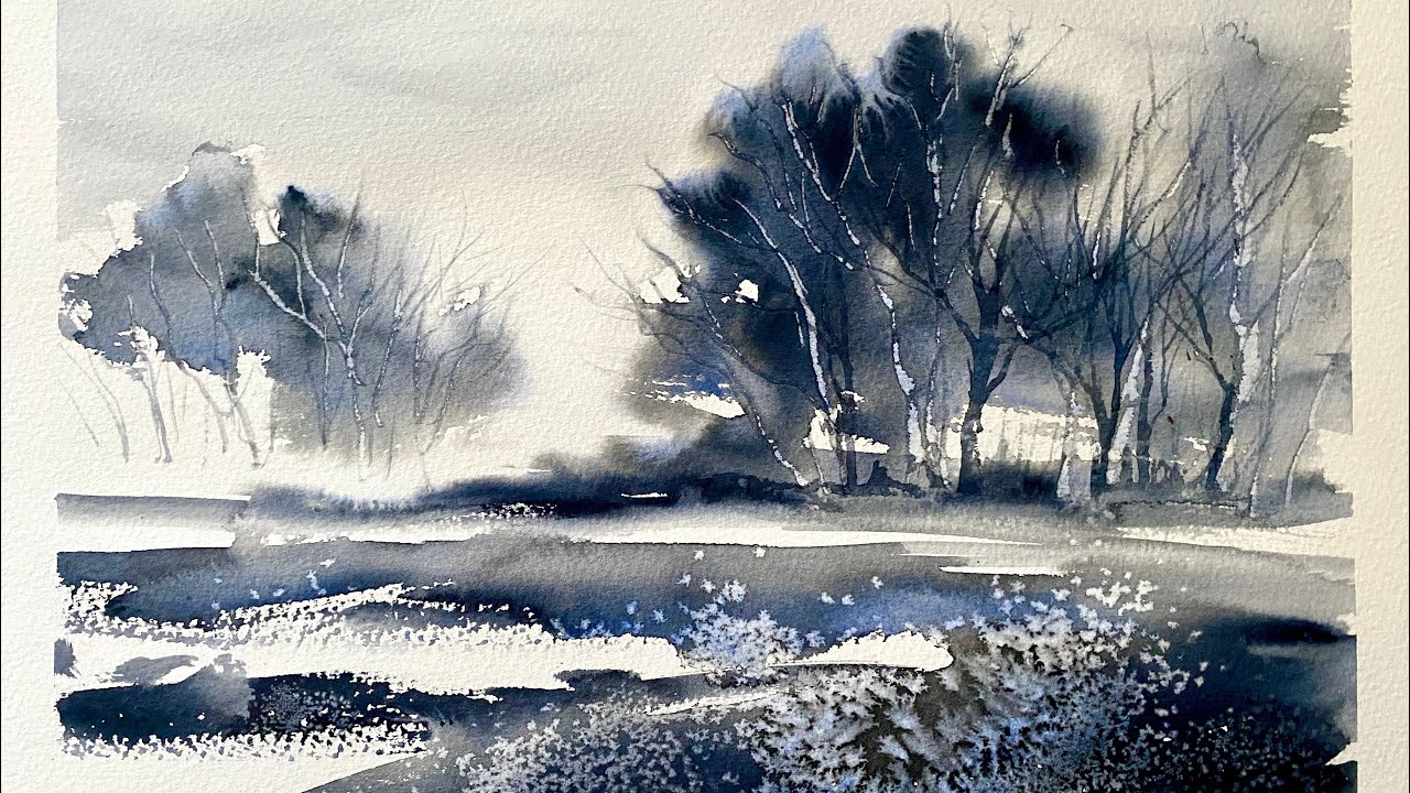 USE 1 COLOR!!! BEGINNERS Loose WATERCOLOR Landscape PAINTING Tutorial DEMO, Watercolour SALT EFFECTS