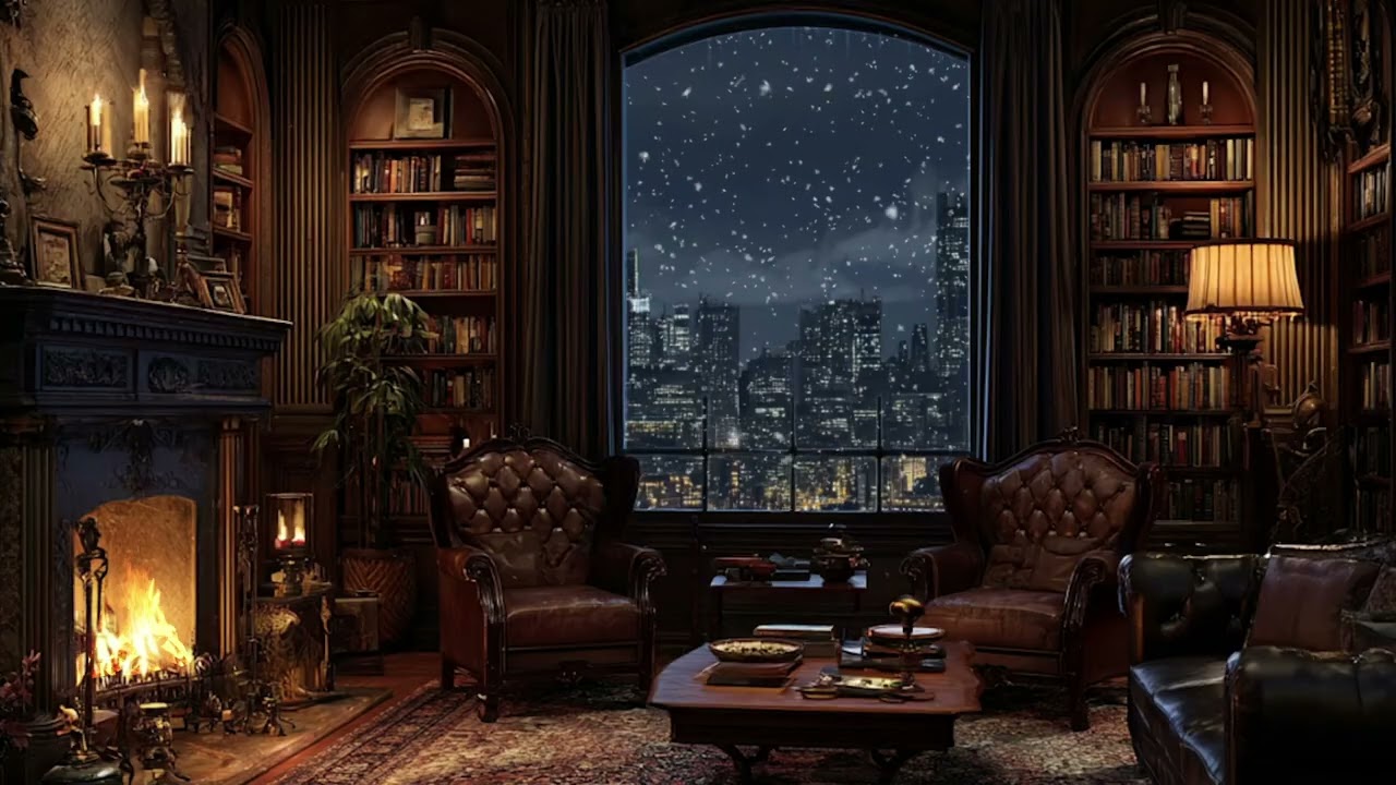 Peaceful Snowfall with Warm Fireplace | Relaxing Winter Night Ambience