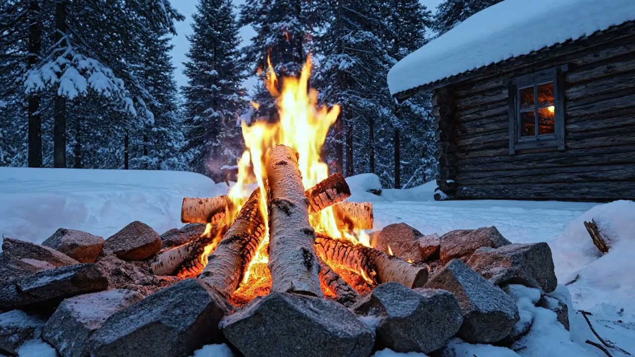 Cozy Campfire in Front of a Snowy Forest Cabin 🔥❄️ Winter Night Ambience for Deep Sleep & Relaxatio