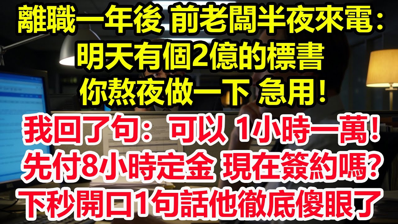 離職一年後，前老闆半夜來電：明天有個2億的標書，你熬夜做一下，急用！我回了句：可以，1小時一萬！先付8小時定金，現在簽約嗎？下秒開口1句話他徹底傻眼了！#情感 #爽文 #職場 #生活 #總裁
