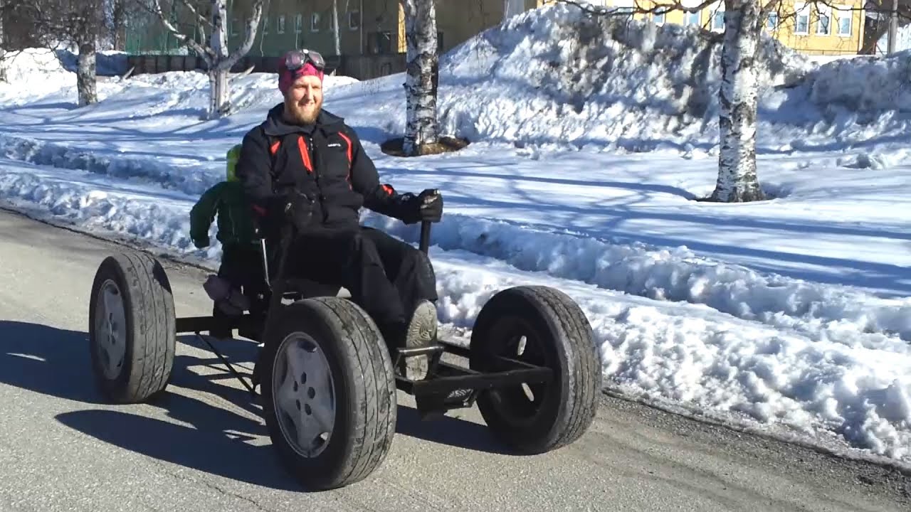 The home built pedal car made with old tyres and welded iron bars